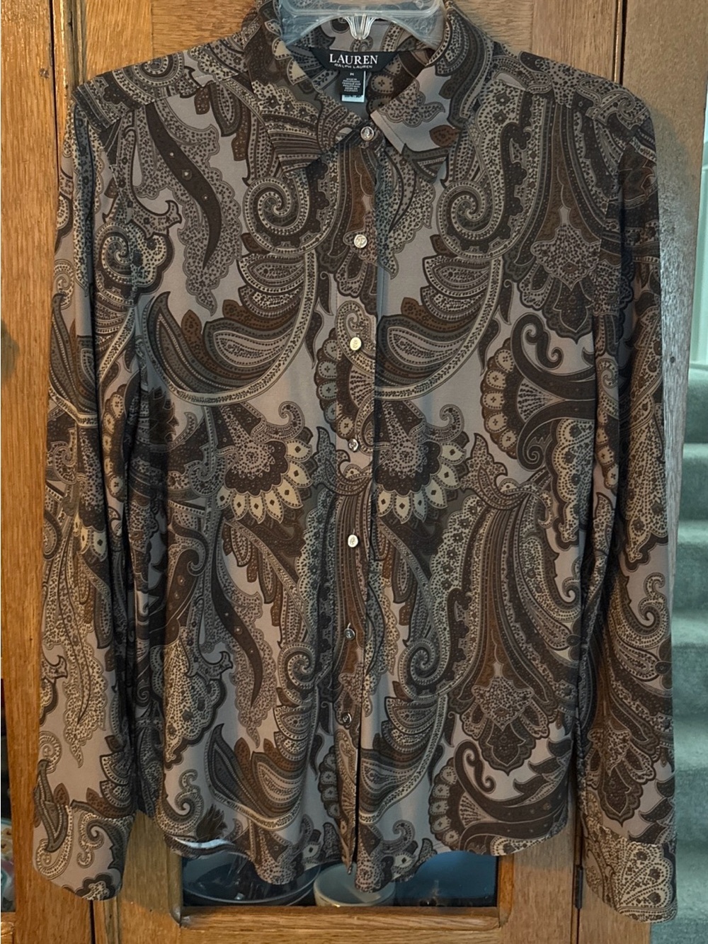 Lauren Ralph Lauren Brown Paisley Button-Down Shirt LRL Silver Buttons